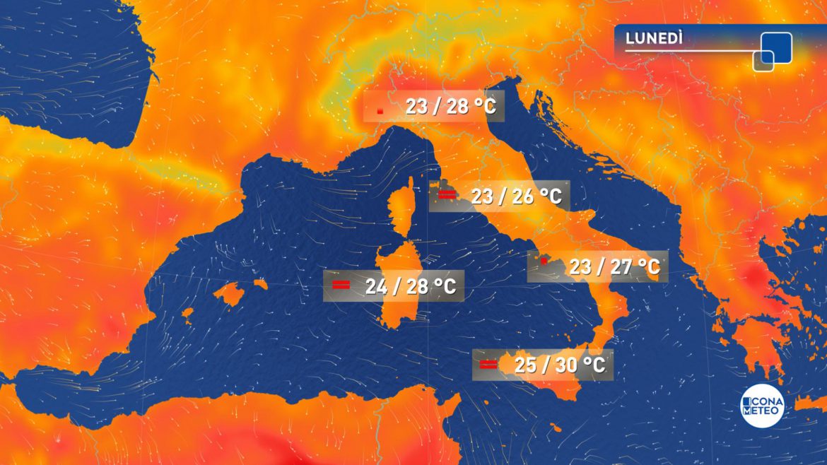 meteo domani temperature lunedì