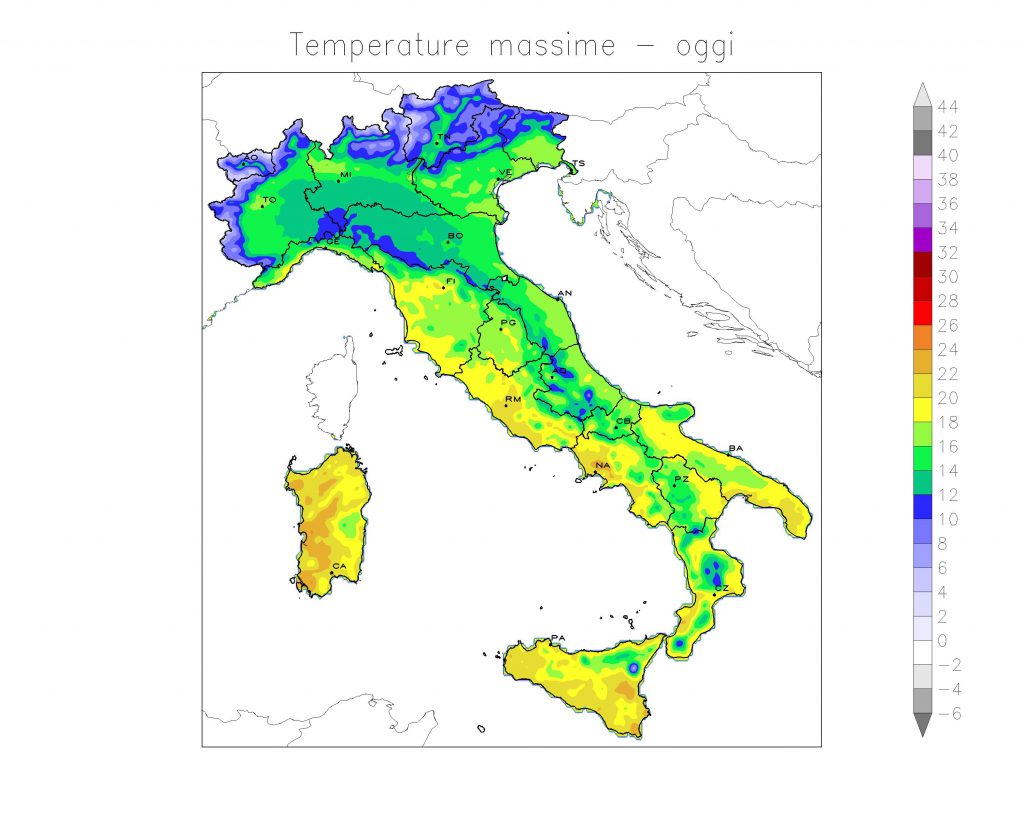 Temperature massime previste per martedì 5 novembre. Crediti Meteo Expert